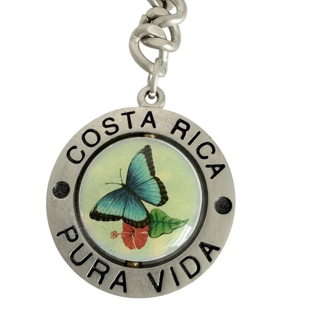 Costa Rica Pura Vida Keychain Adult OS Silver Blue Morpho Butterfly Spinning